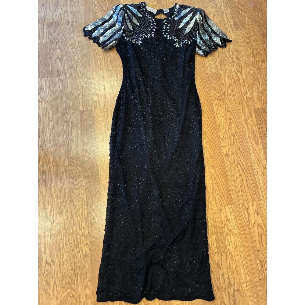 Vtg Laurence Kazar Beaded Gown Black Sz S Sequin Art Deco Y2K Formal Maxi